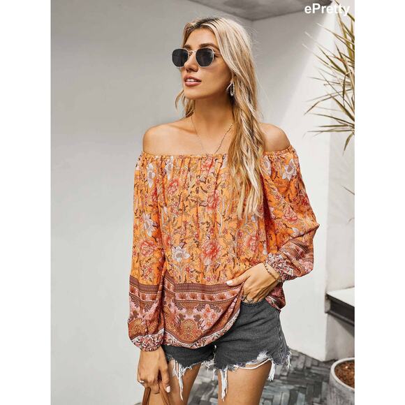 Orange Floral printed off shoulder blouse - Small - Picture 4 of 5